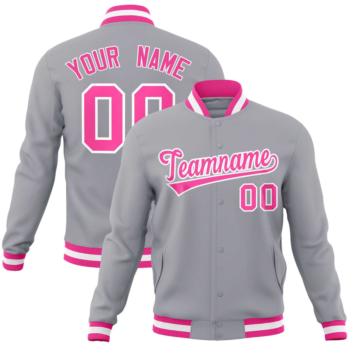 Custom Gray Pink-White Classic Style Varsity Full-Snap Letterman Jacket | KXKSHOP