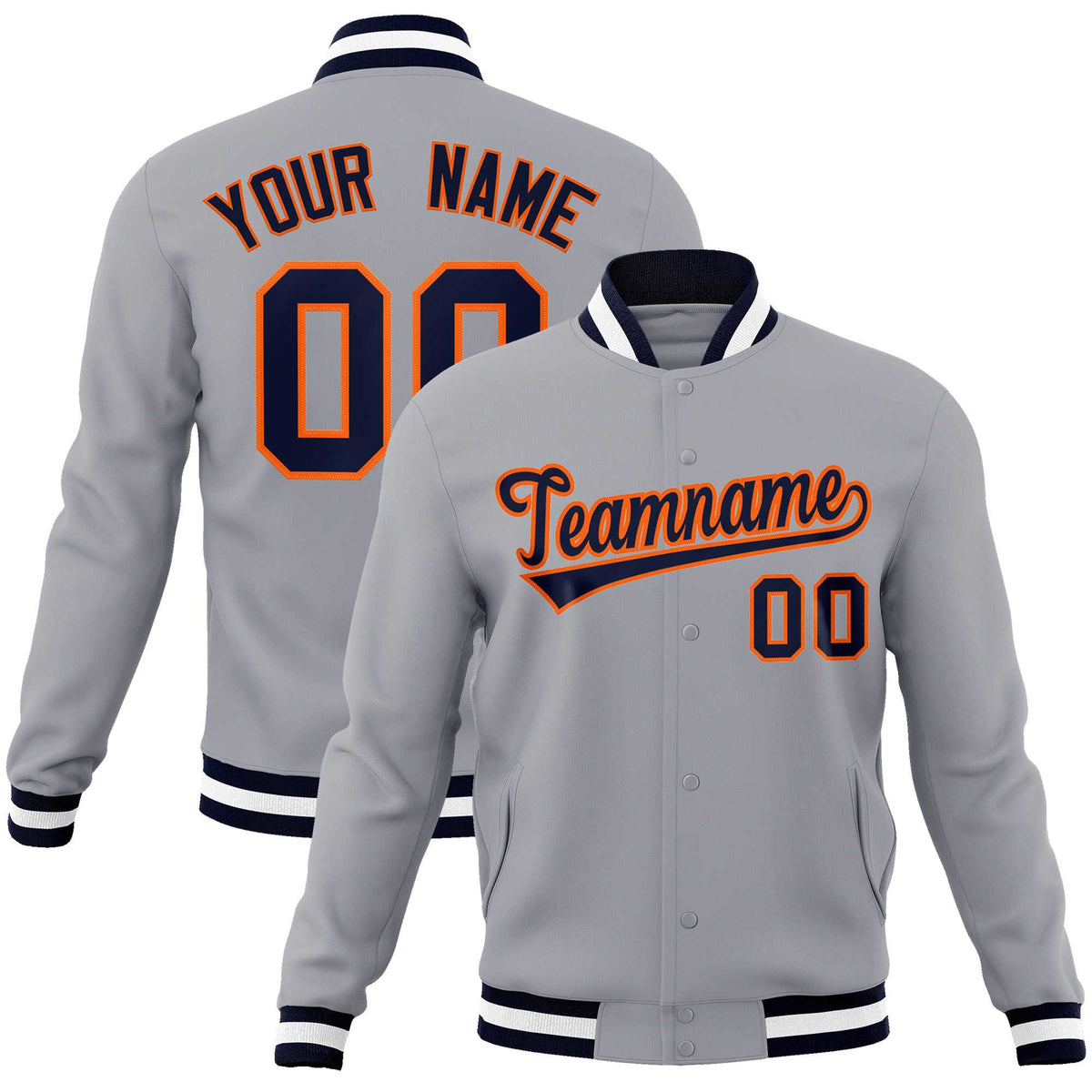 Custom Gray Navy-Orange Classic Style Varsity Full-Snap Letterman Jacket | KXKSHOP