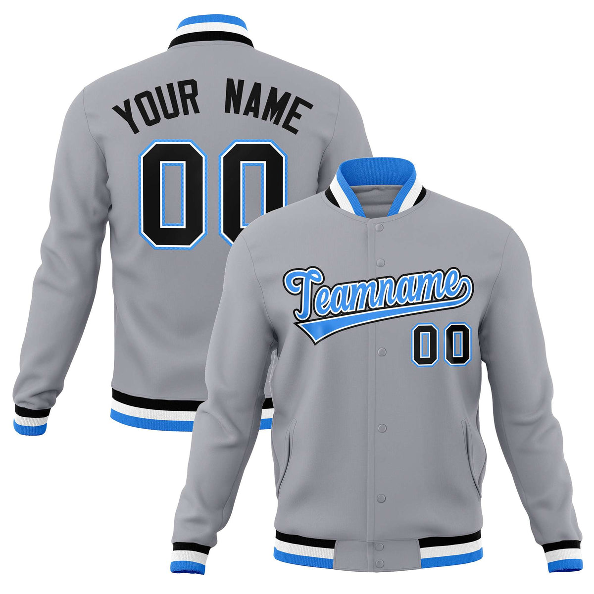 Custom Gray Powder Blue-Black Classic Style Varsity Full-Snap Letterman Jacket | KXKSHOP