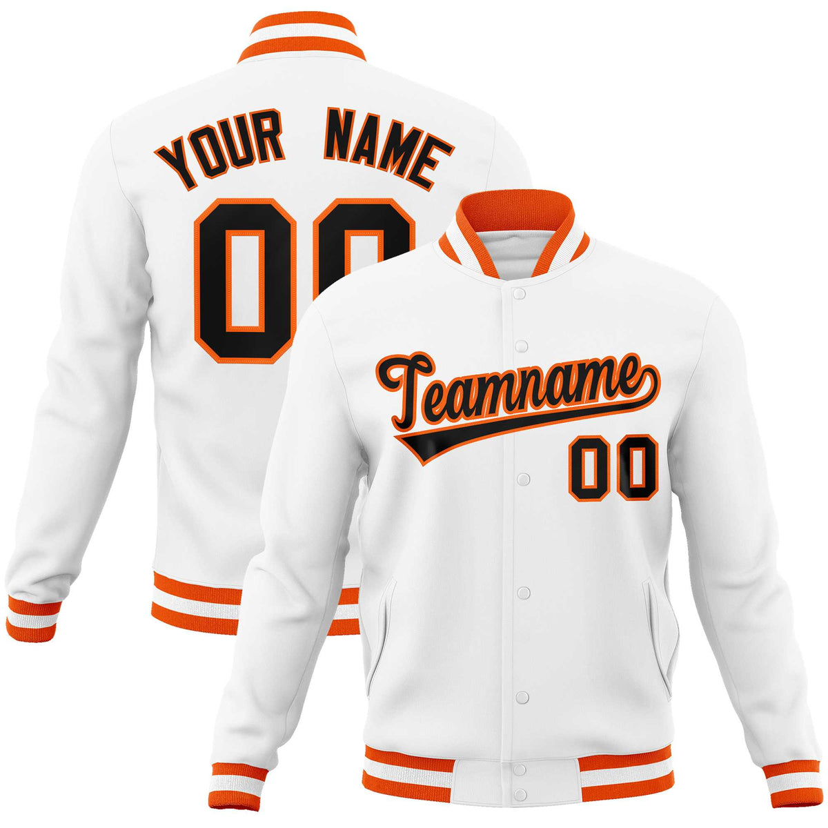 Custom White Black-Orange Classic Style Varsity Full-Snap Letterman Jacket | KXKSHOP