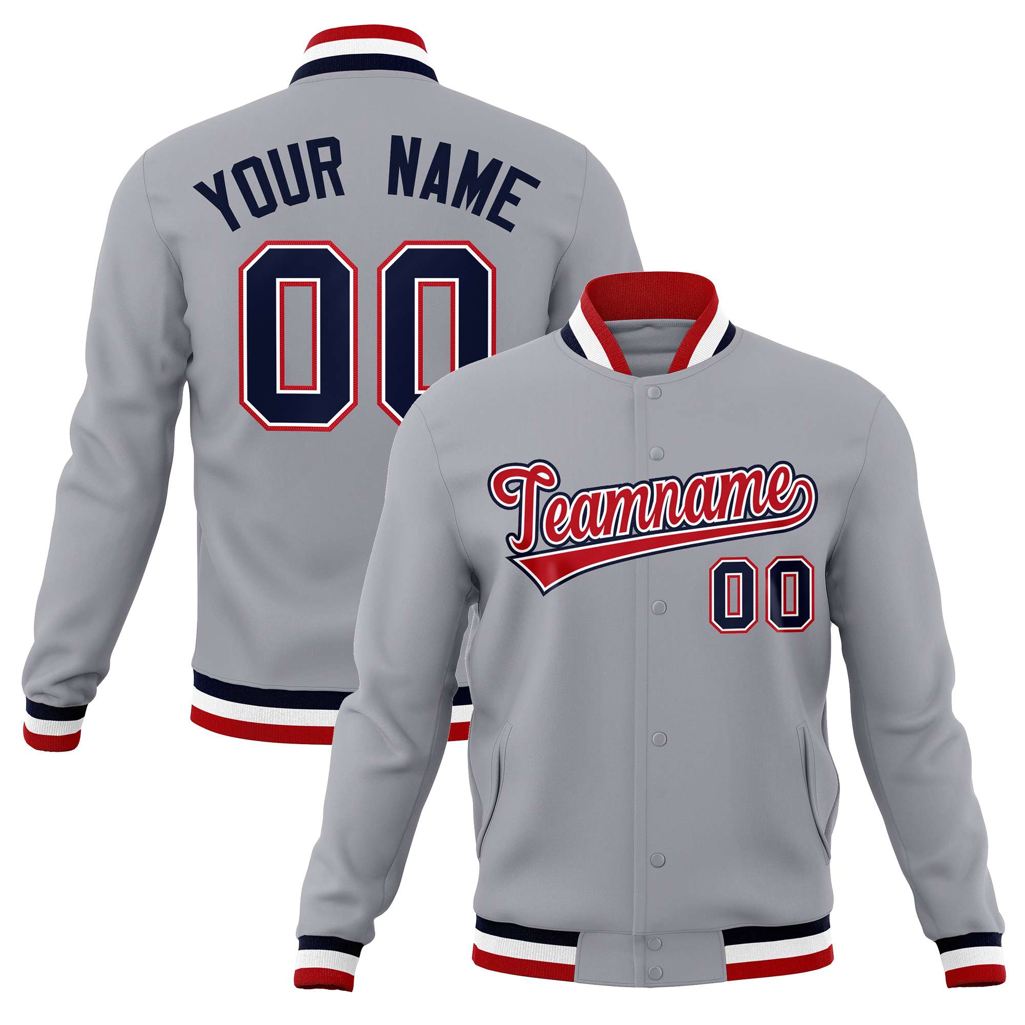 Custom Gray Red-Navy Classic Style Varsity Full-Snap Letterman Jacket | KXKSHOP