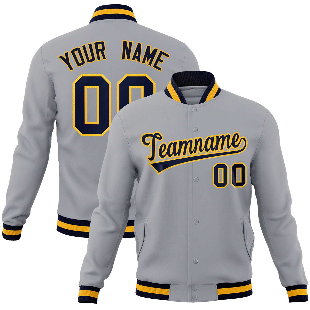 Custom Gray Navy-Gold Classic Style Varsity Full-Snap Letterman Jacket | KXKSHOP