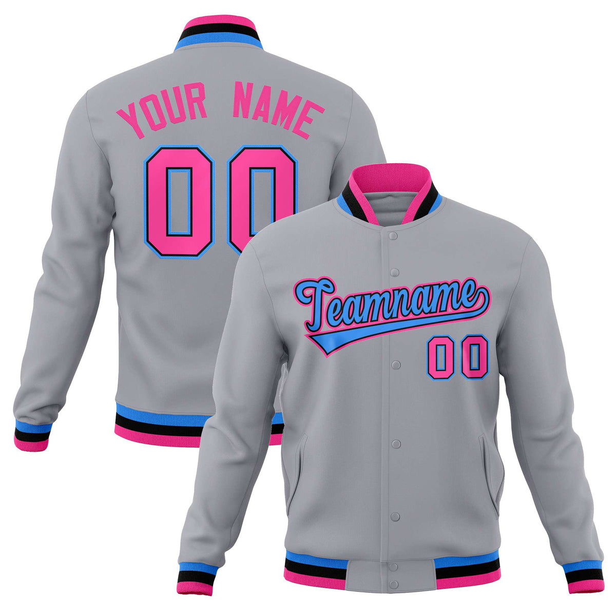 Custom Gray Powder Blue-Pink Classic Style Varsity Full-Snap Letterman Jacket | KXKSHOP