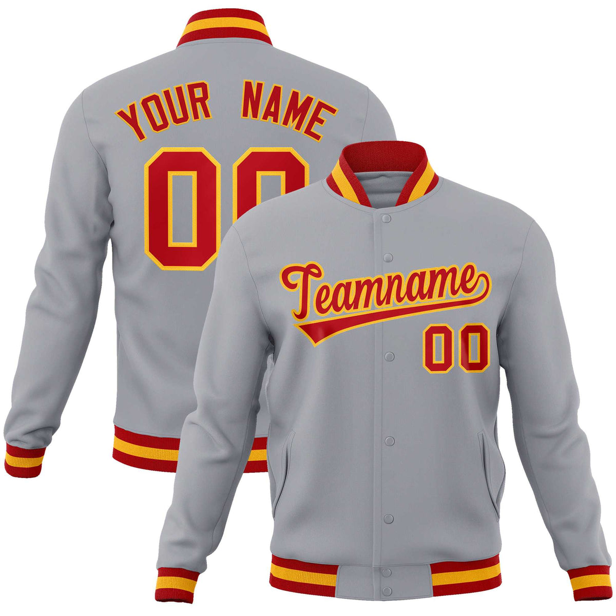 Custom Gray Red-Gold Classic Style Varsity Full-Snap Letterman Jacket | KXKSHOP