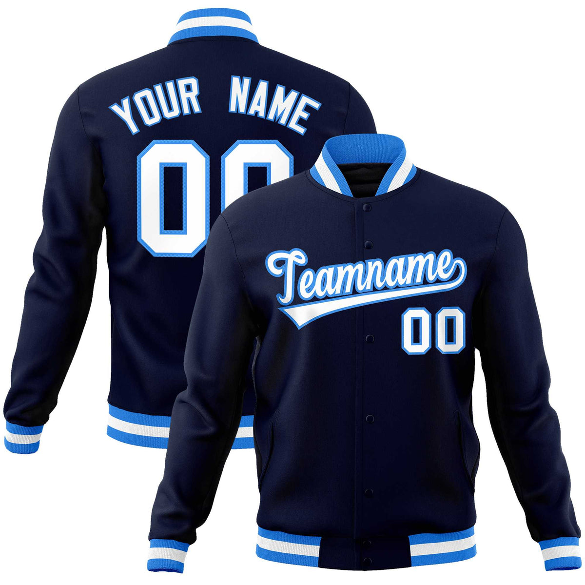 Custom Navy White-Powder Blue Classic Style Varsity Full-Snap Letterman Jacket | KXKSHOP