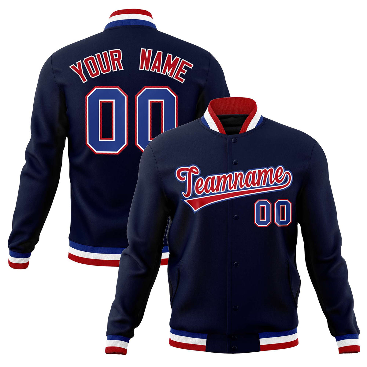 Custom Navy Red-Royal Classic Style Varsity Full-Snap Letterman Jacket | KXKSHOP