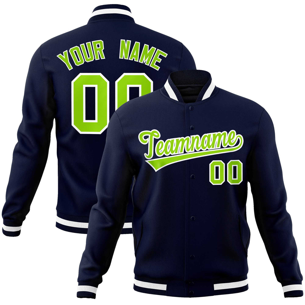 Custom Navy Neon Green-White Classic Style Varsity Full-Snap Letterman Jacket | KXKSHOP
