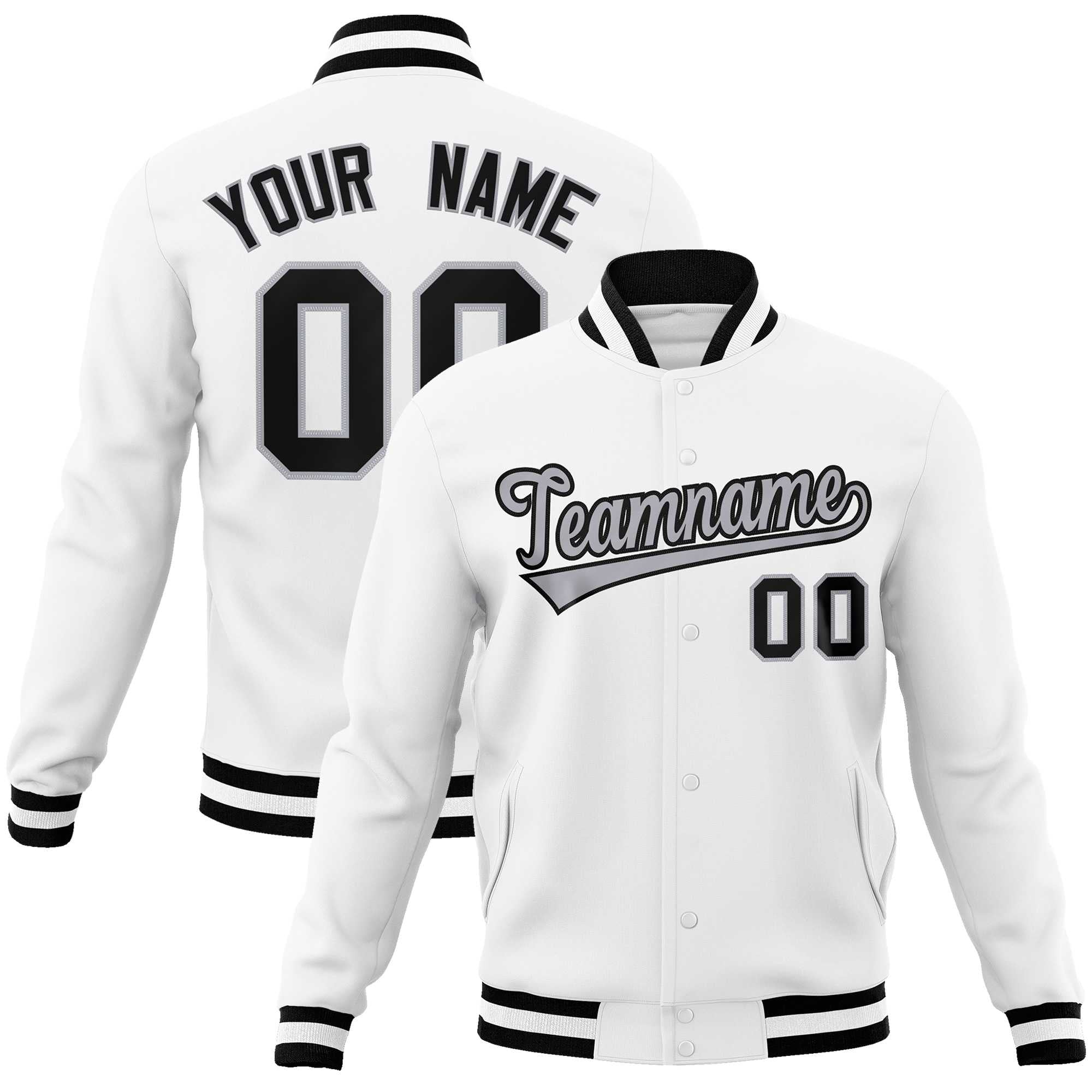Custom White Gray-Black Classic Style Varsity Full-Snap Letterman Jacket | KXKSHOP