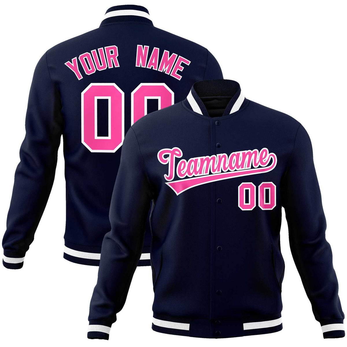 Custom Navy Pink-White Classic Style Varsity Full-Snap Letterman Jacket | KXKSHOP