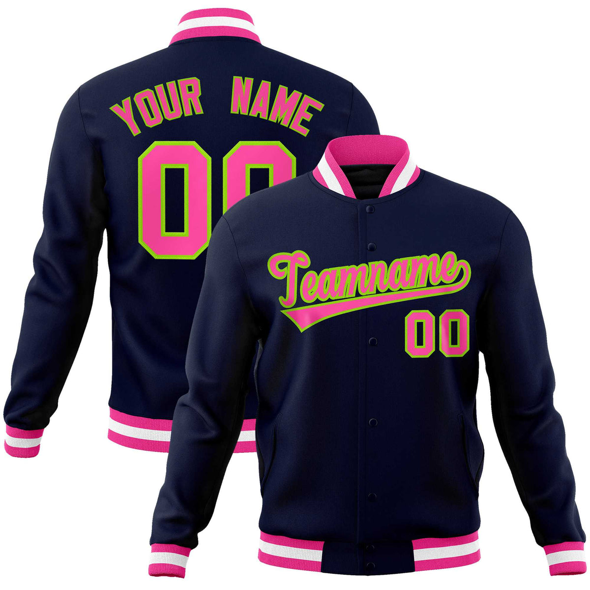Custom Navy Pink-Neon Green Classic Style Varsity Full-Snap Letterman Jacket | KXKSHOP
