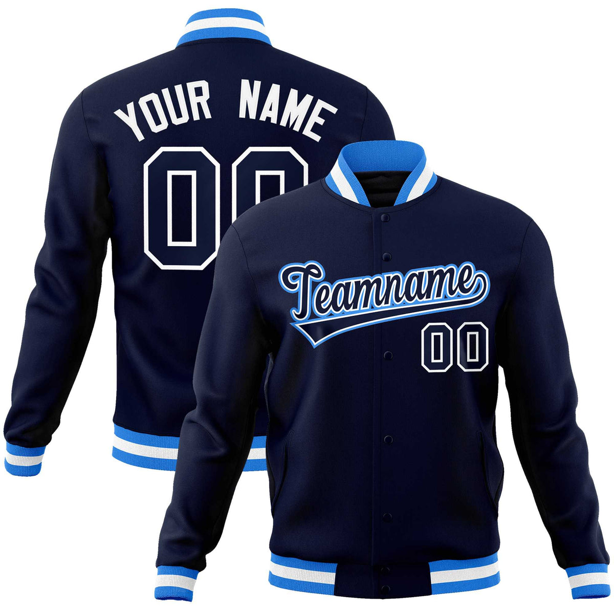 Custom Navy Navy-Powder Blue Classic Style Varsity Full-Snap Letterman Jacket | KXKSHOP