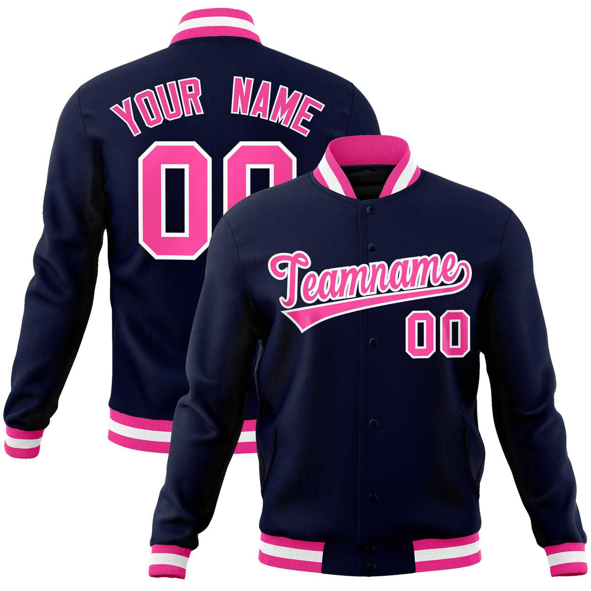 Custom Navy Pink-White Classic Style Varsity Full-Snap Letterman Jacket | KXKSHOP