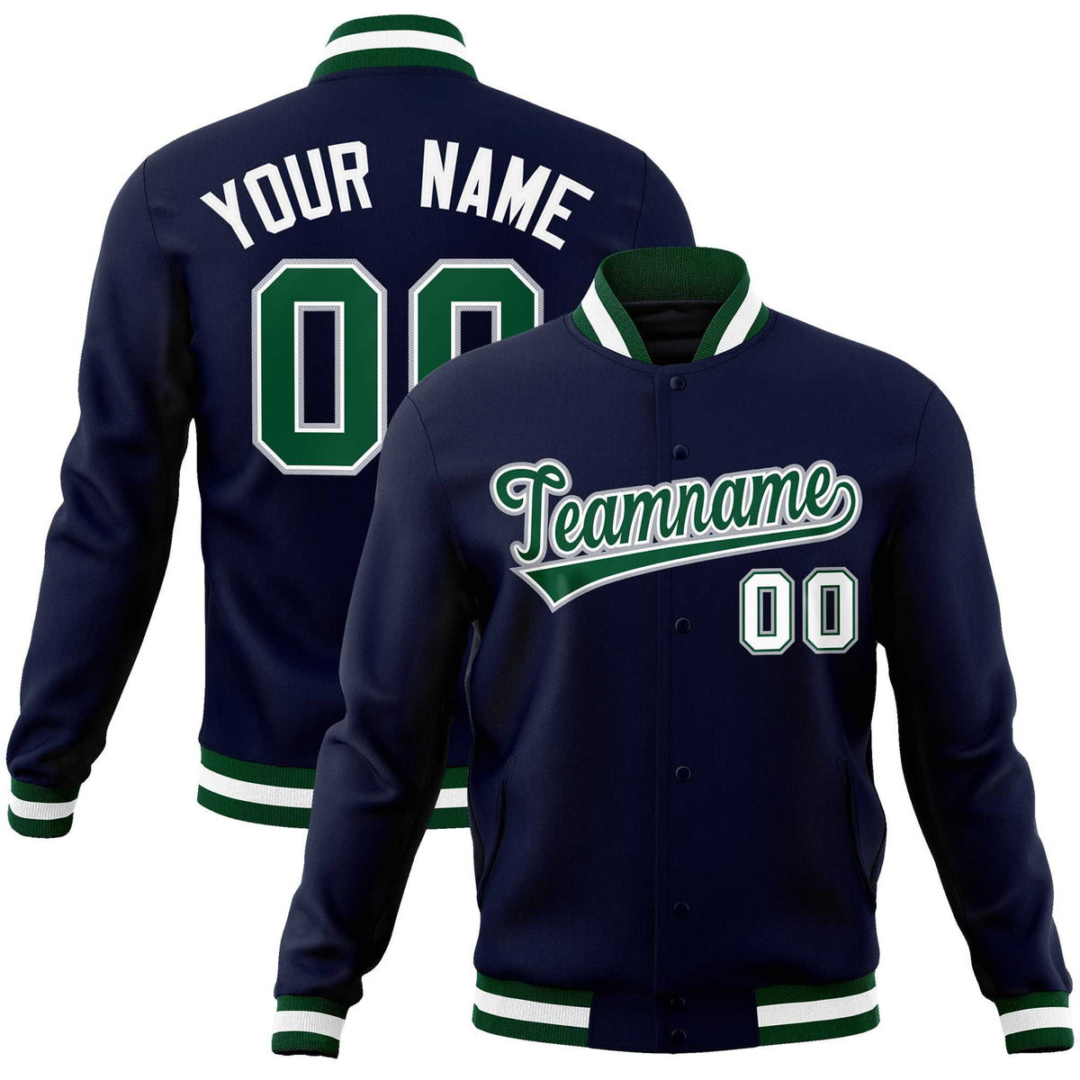 Custom Navy Green-Gray Classic Style Varsity Full-Snap Letterman Jacket | KXKSHOP