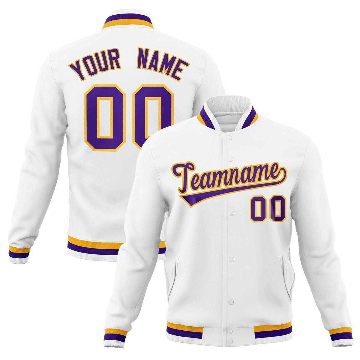 Custom White Purple-Gold Classic Style Varsity Full-Snap Letterman Jacket | KXKSHOP
