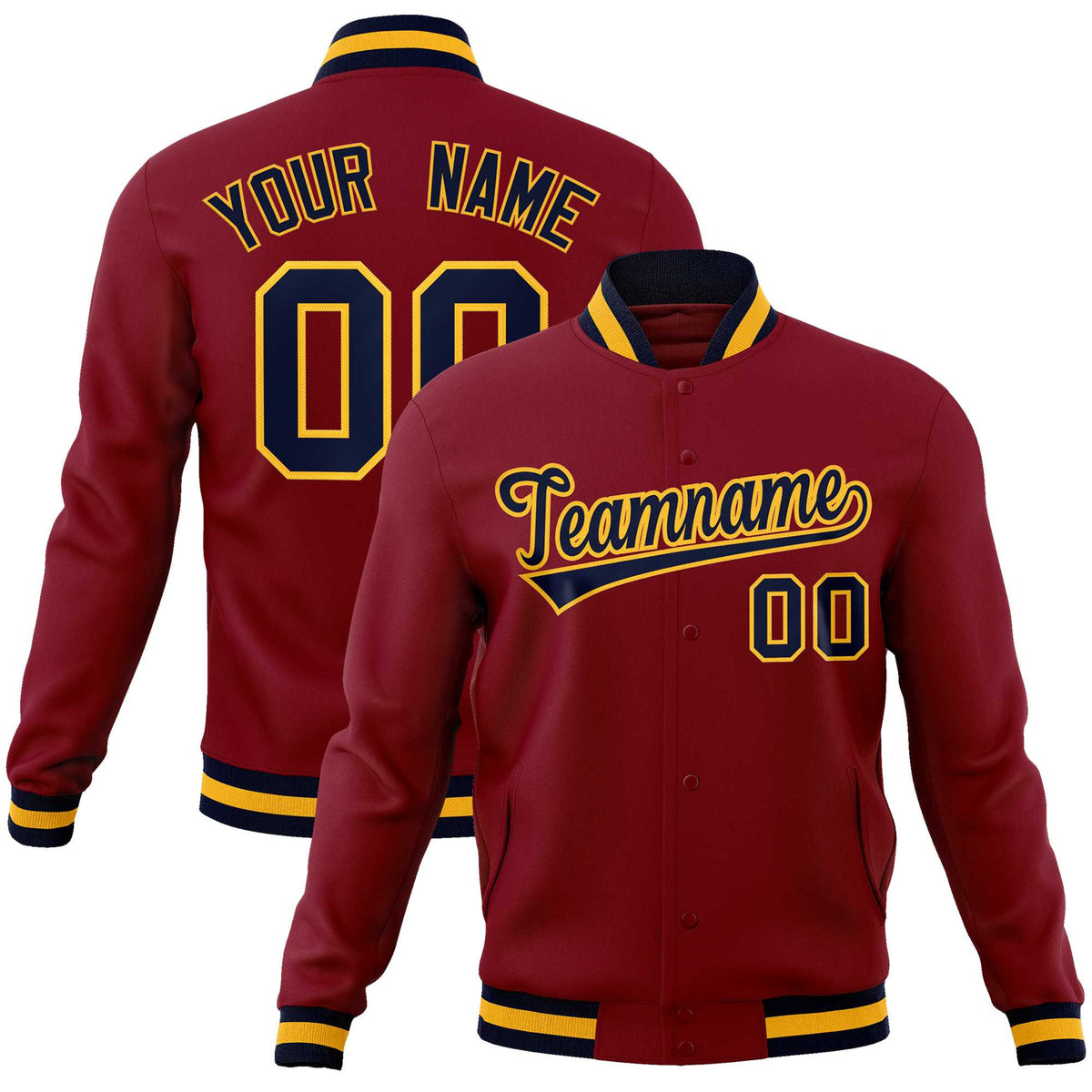Custom Crimson Navy-Gold Classic Style Varsity Full-Snap Letterman Jacket | KXKSHOP