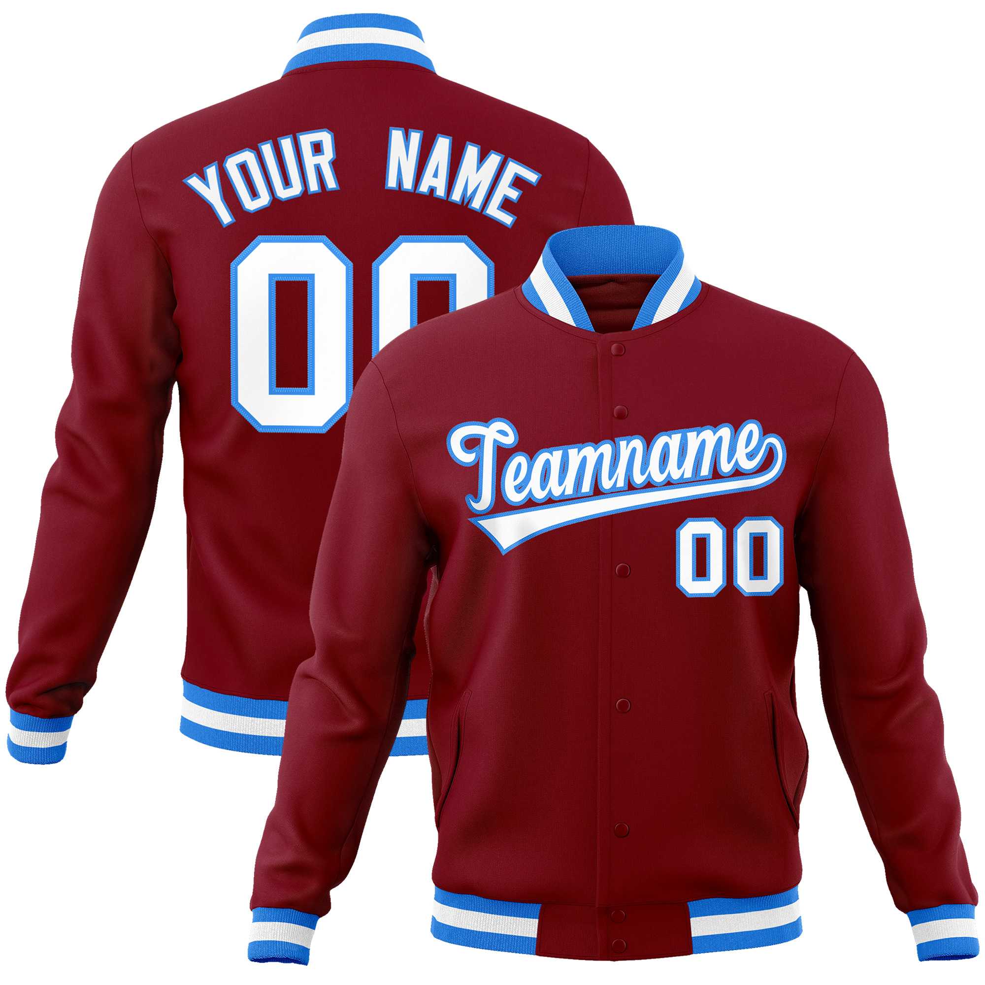 Custom Crimson White-Powder Blue Classic Style Varsity Full-Snap Letterman Jacket | KXKSHOP