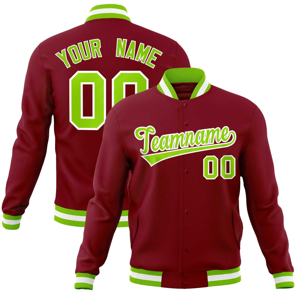 Custom Crimson Neon Green-White Classic Style Varsity Full-Snap Letterman Jacket | KXKSHOP