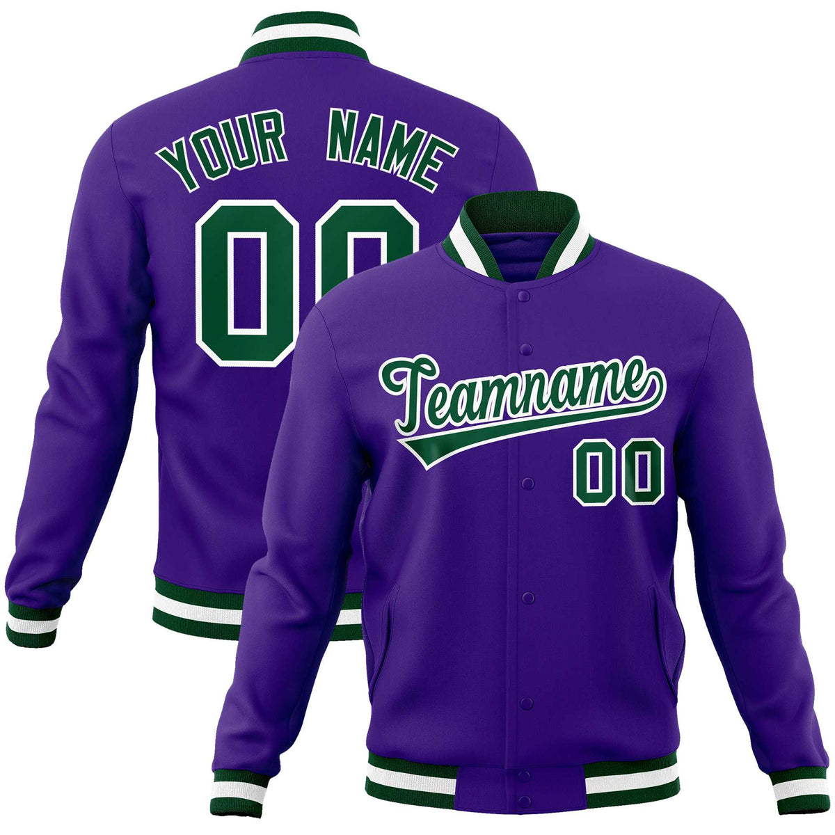 Custom Purple Green-White Classic Style Varsity Full-Snap Letterman Jacket | KXKSHOP