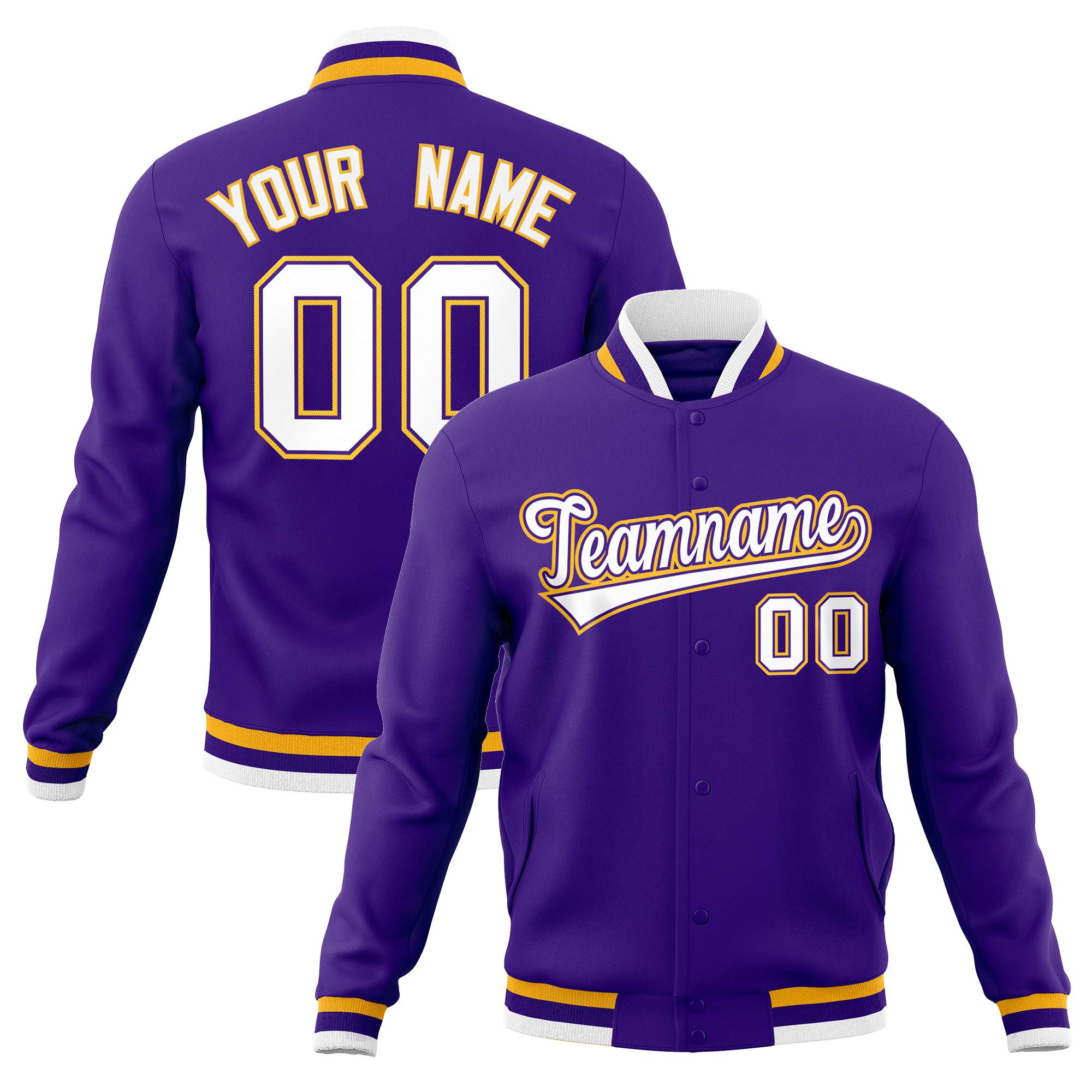 Custom Purple White-Gold Classic Style Varsity Full-Snap Letterman Jacket | KXKSHOP
