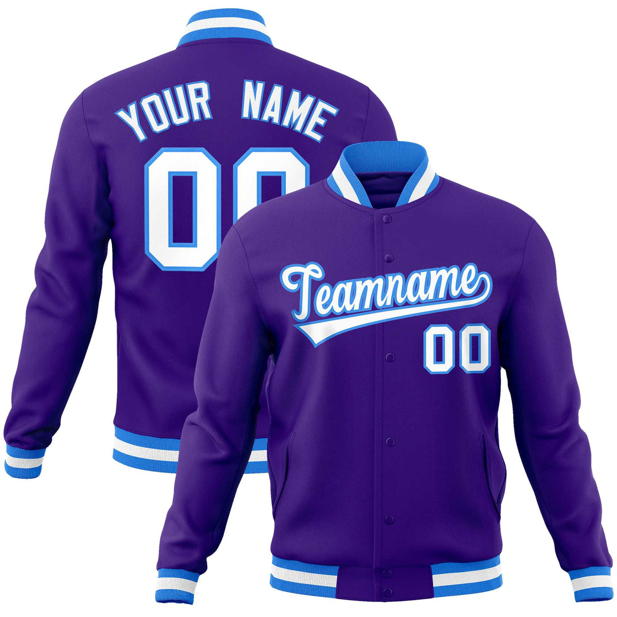 Custom Purple White-Powder Blue Classic Style Varsity Full-Snap Letterman Jacket | KXKSHOP