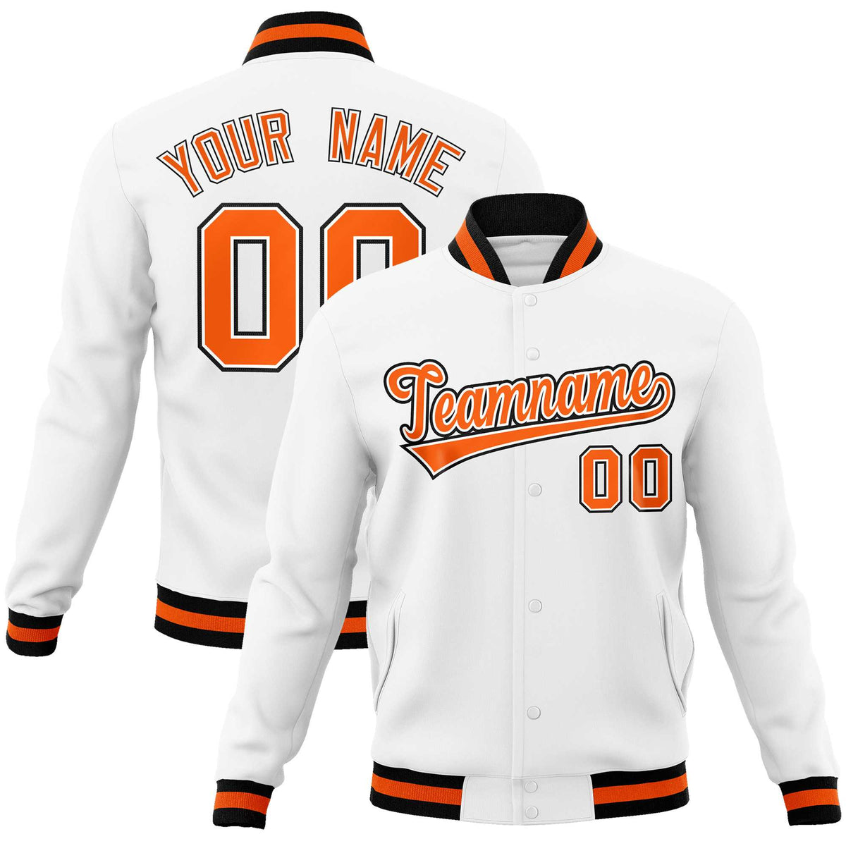 Custom White Orange-Black Classic Style Varsity Full-Snap Letterman Jacket | KXKSHOP