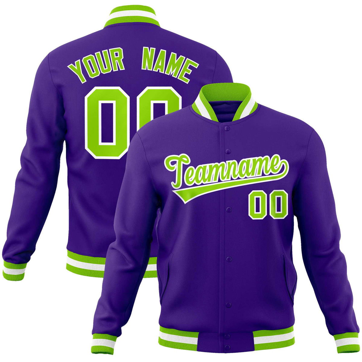 Custom Purple Neon Green-White Classic Style Varsity Full-Snap Letterman Jacket | KXKSHOP