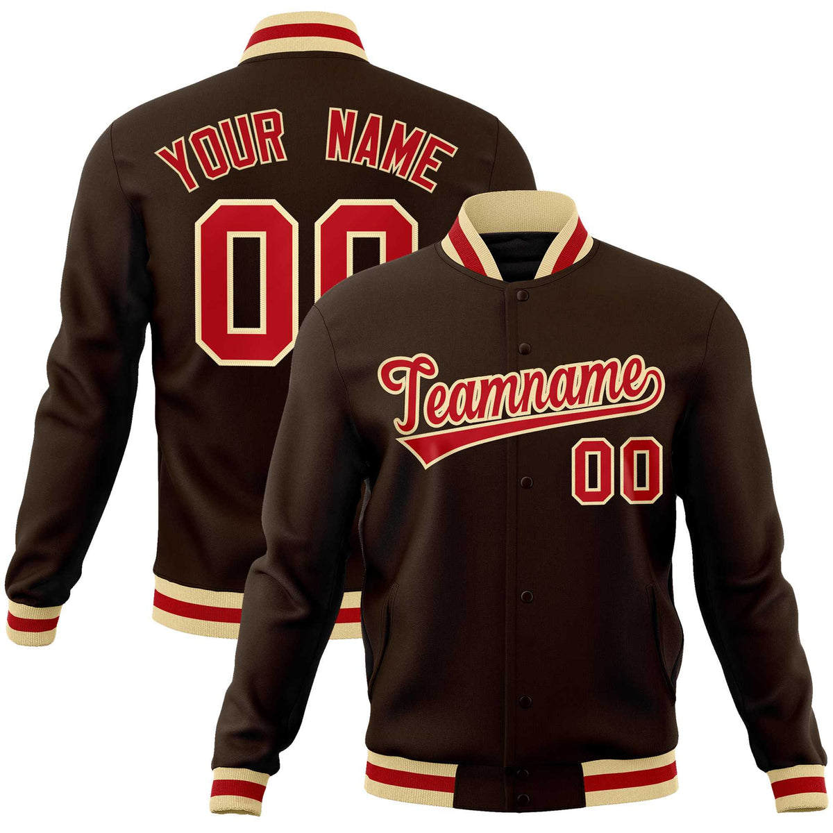 Custom Brown Red-Khaki Classic Style Varsity Full-Snap Letterman Jacket | KXKSHOP