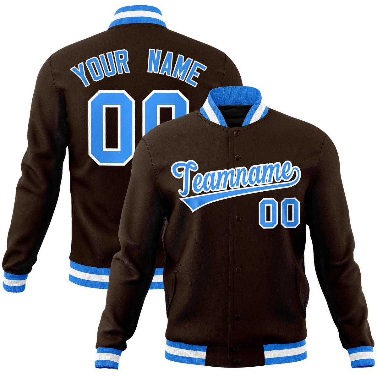 Custom Brown Powder Blue-White Classic Style Varsity Full-Snap Letterman Jacket | KXKSHOP