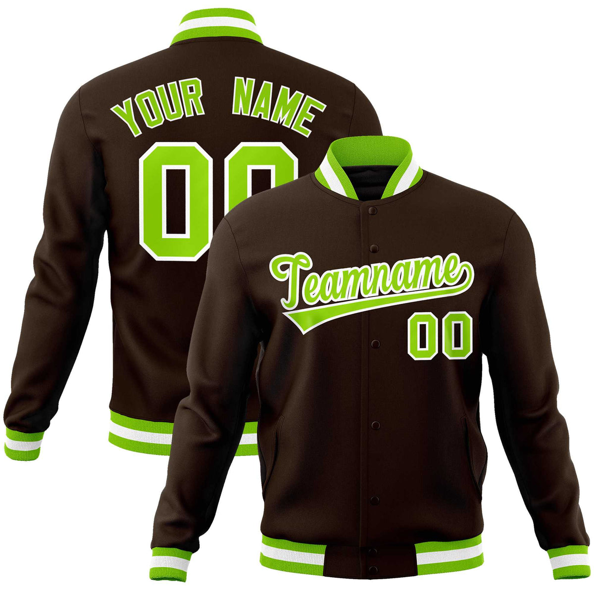 Custom Brown Neon Green-White Classic Style Varsity Full-Snap Letterman Jacket | KXKSHOP