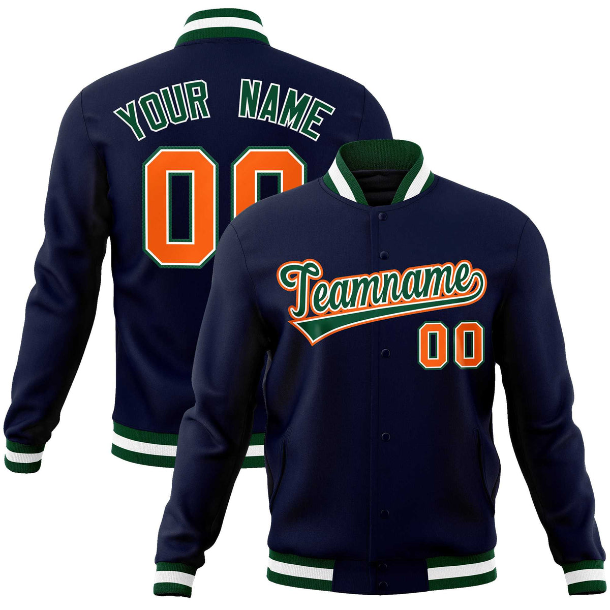 Custom Navy Green-Orange Classic Style Varsity Full-Snap Letterman Jacket | KXKSHOP