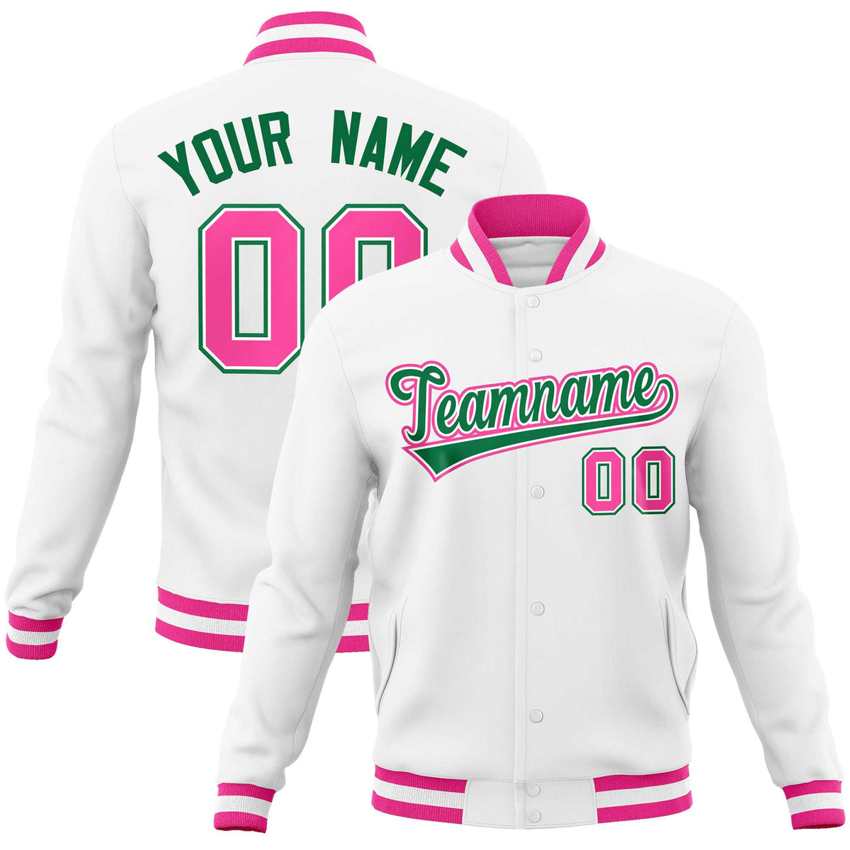 Custom White Kelly Green-Pink Classic Style Varsity Full-Snap Letterman Jacket | KXKSHOP