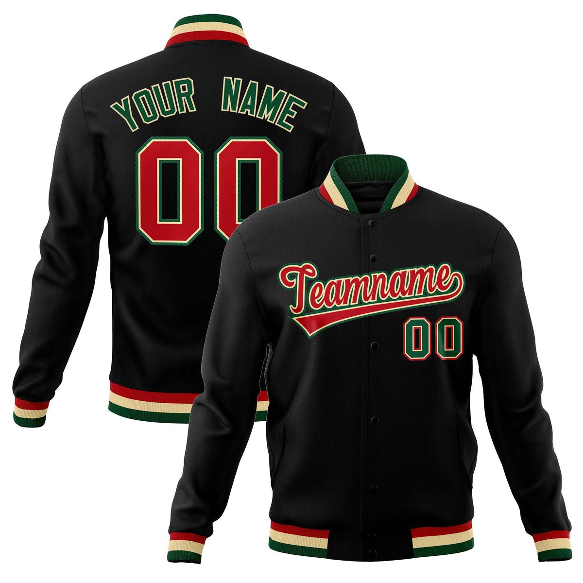 Custom Black Red-Green Classic Style Varsity Full-Snap Letterman Jacket | KXKSHOP
