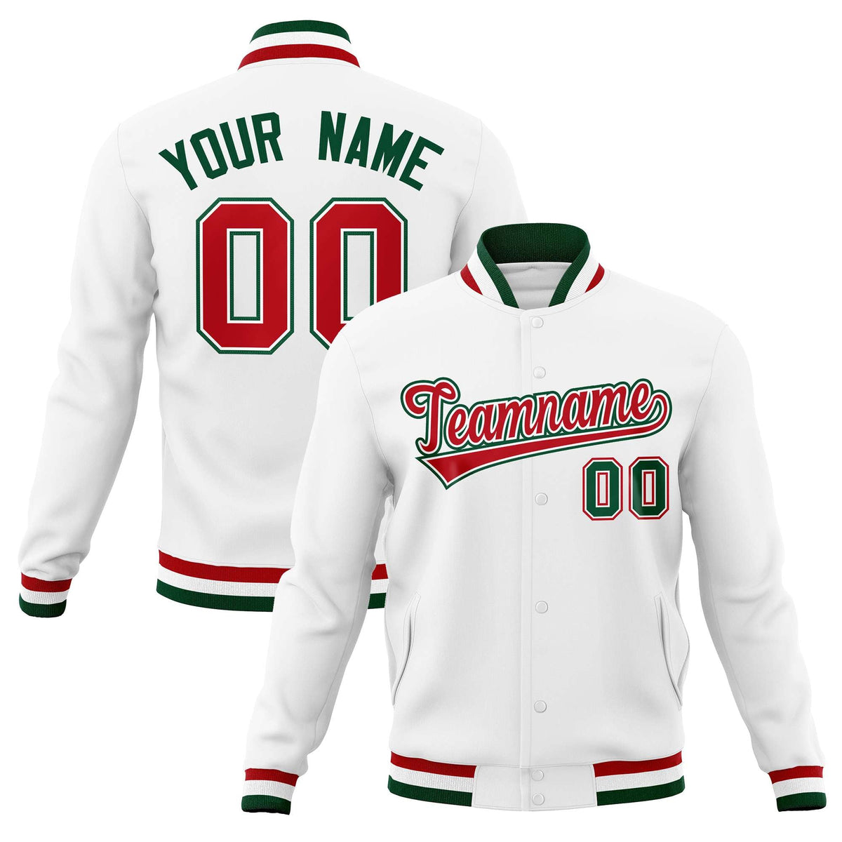 Custom White Red-Green Classic Style Varsity Full-Snap Letterman Jacket | KXKSHOP