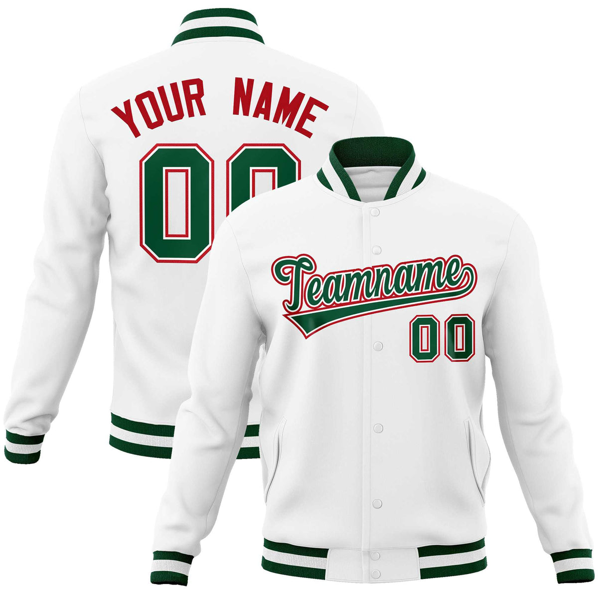 Custom White Green-Red Classic Style Varsity Full-Snap Letterman Jacket | KXKSHOP