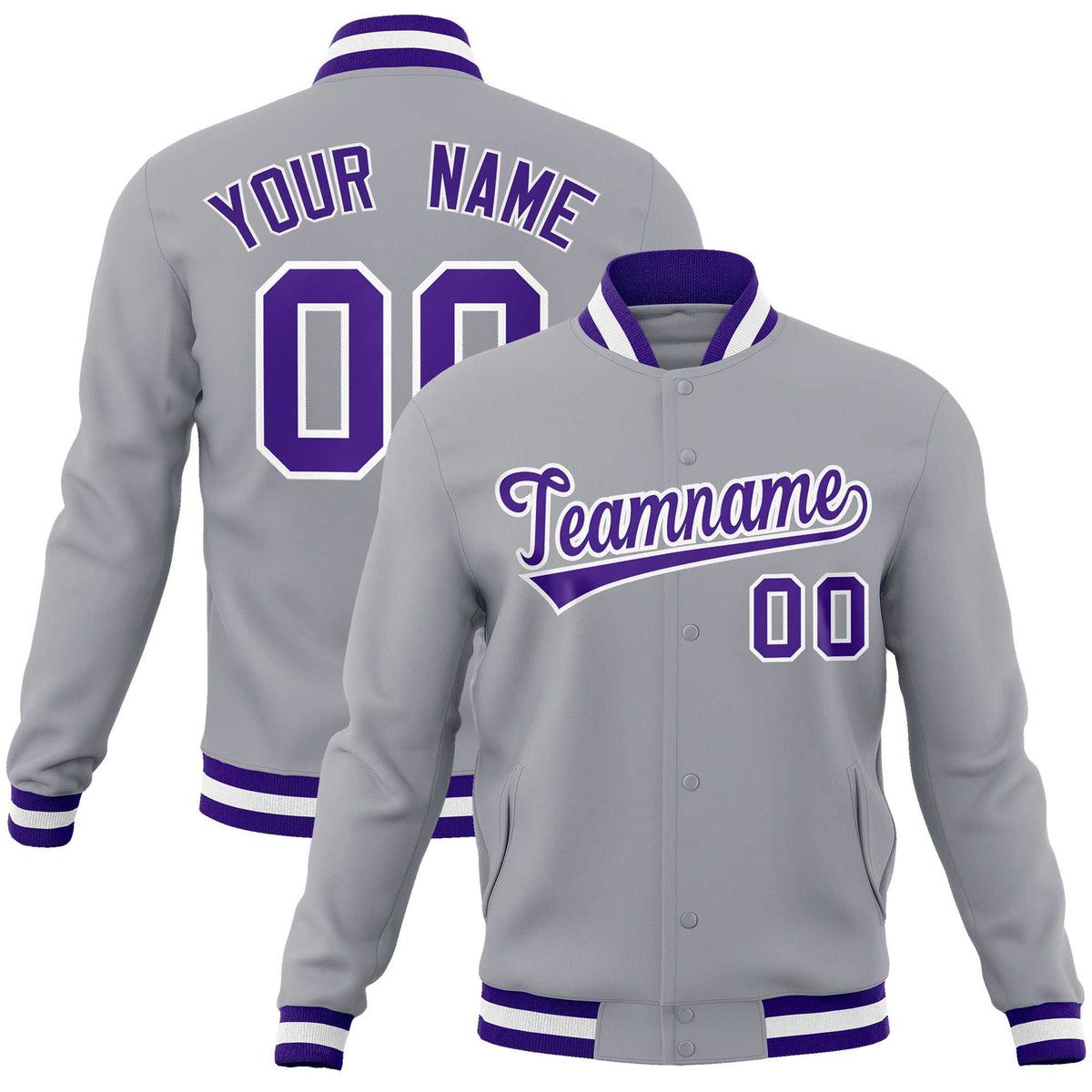 Custom Gray Purple-White Classic Style Varsity Full-Snap Letterman Jacket | KXKSHOP