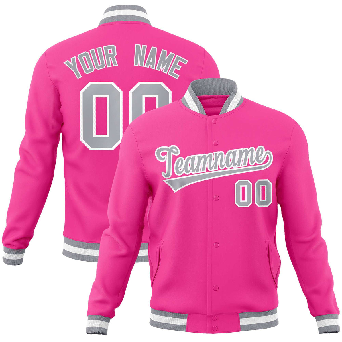 Custom Pink Gray-White Classic Style Varsity Full-Snap Letterman Jacket | KXKSHOP