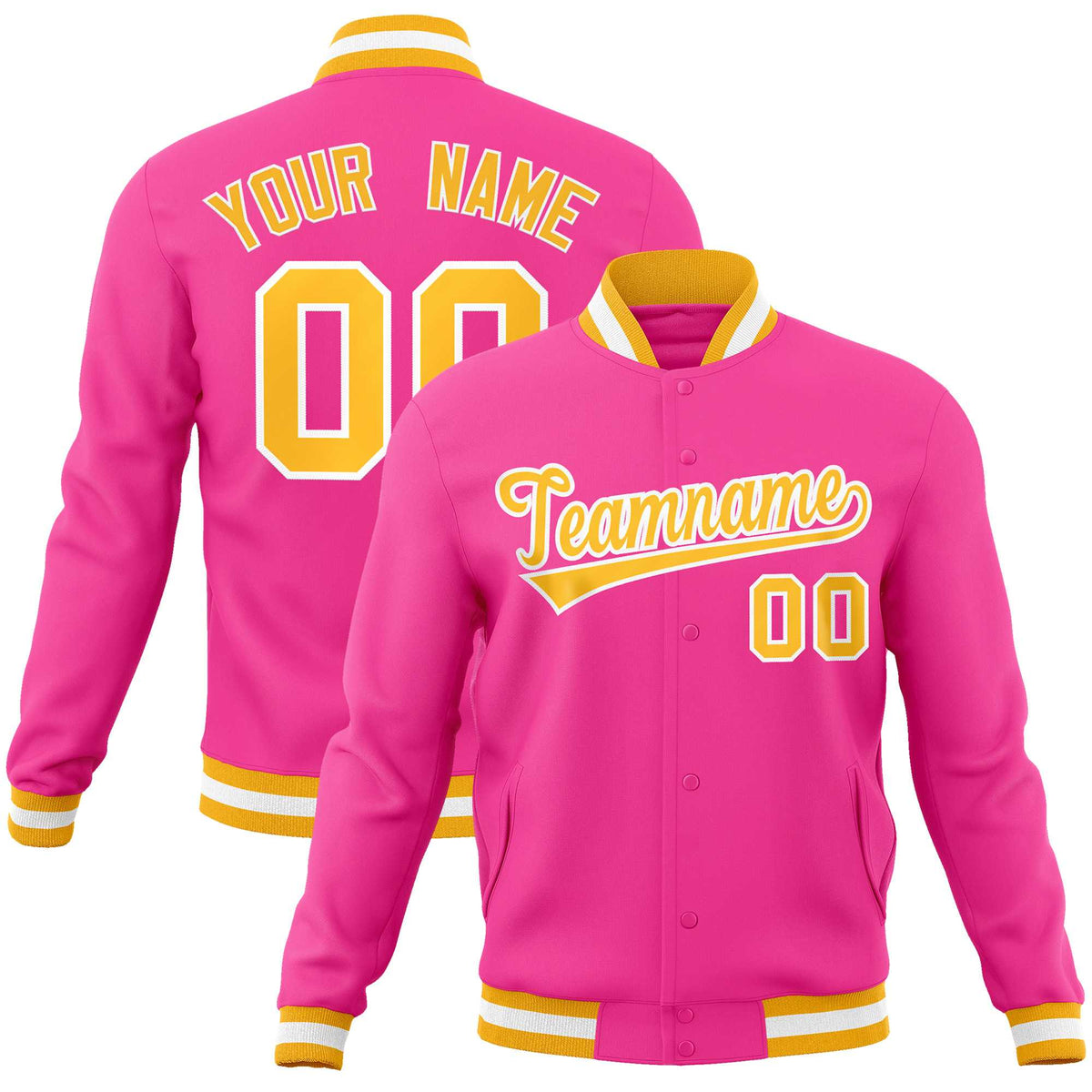 Custom Pink Yellow-White Classic Style Varsity Full-Snap Letterman Jacket | KXKSHOP