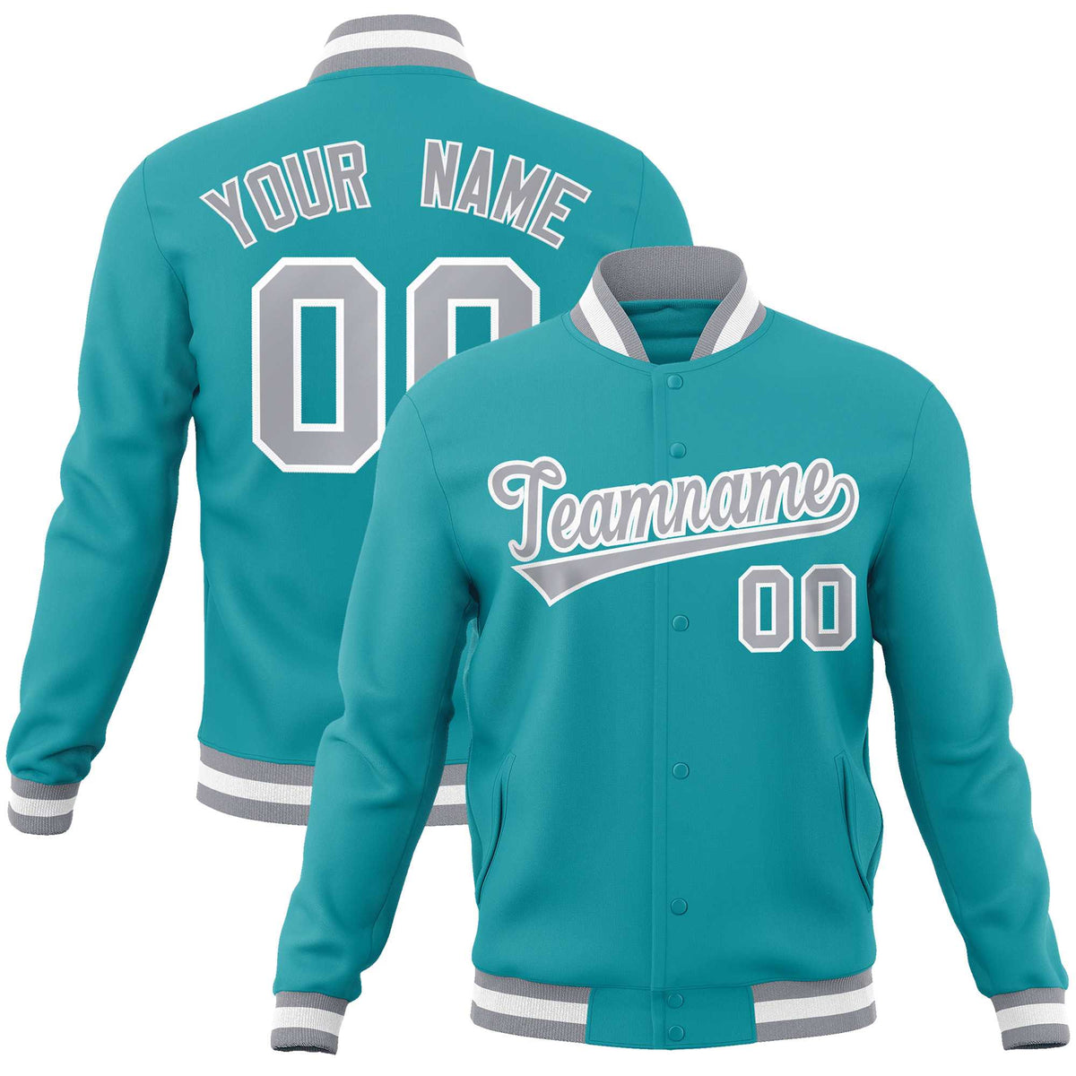 Custom Aqua Gray-White Classic Style Varsity Full-Snap Letterman Jacket | KXKSHOP
