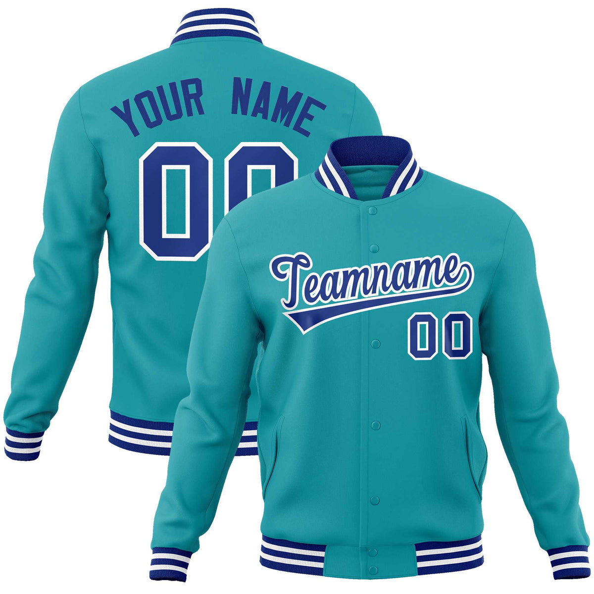 Custom Aqua Royal-White Classic Style Varsity Full-Snap Letterman Jacket | KXKSHOP
