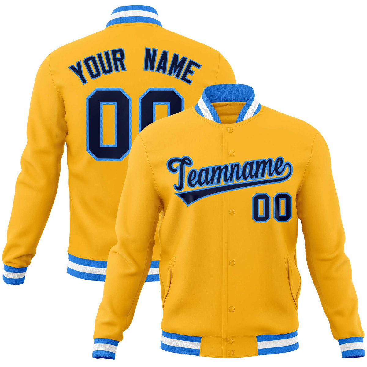 Custom Yellow Navy-Powder Blue Classic Style Varsity Full-Snap Letterman Jacket | KXKSHOP