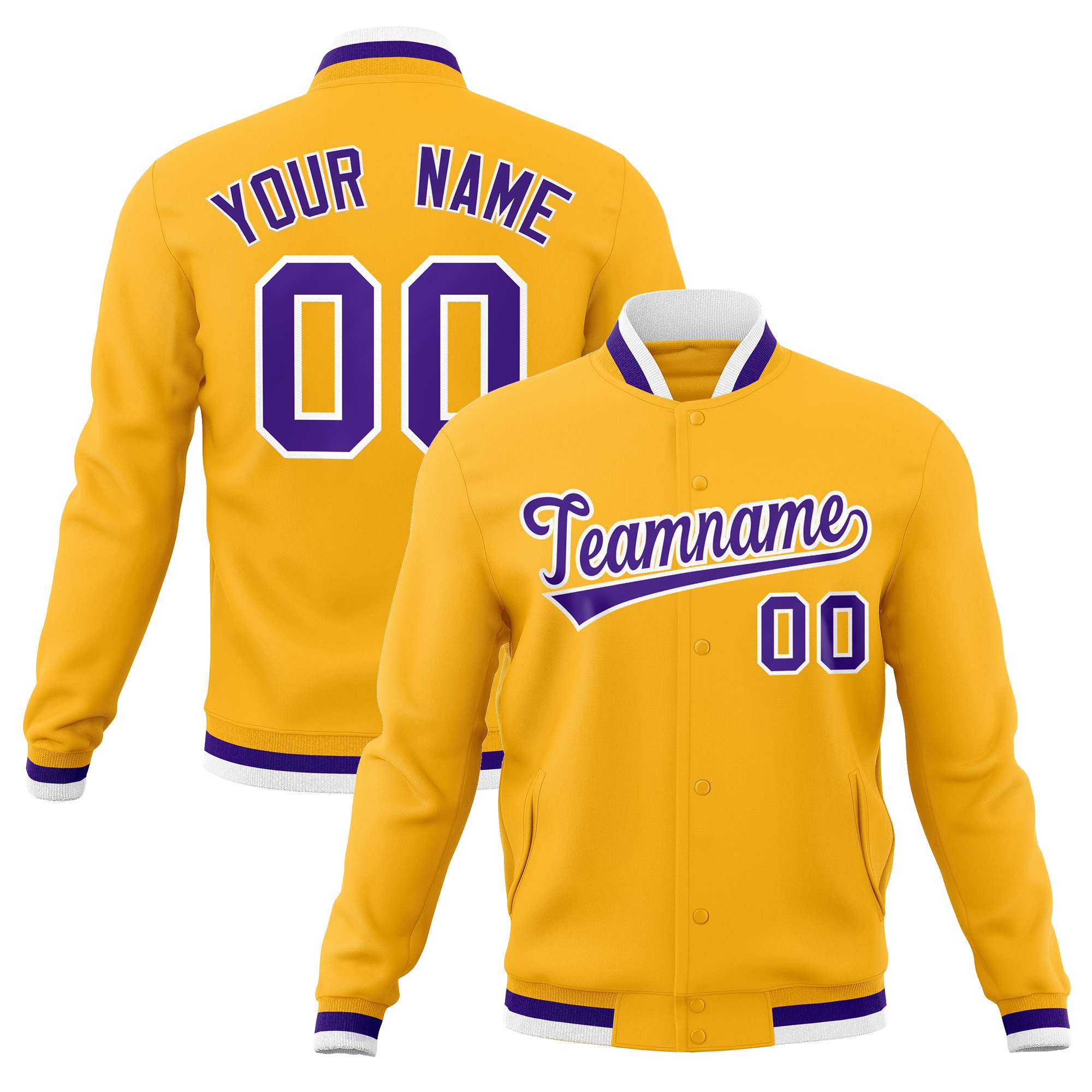 Custom Yellow Purple-White Classic Style Varsity Full-Snap Letterman Jacket | KXKSHOP