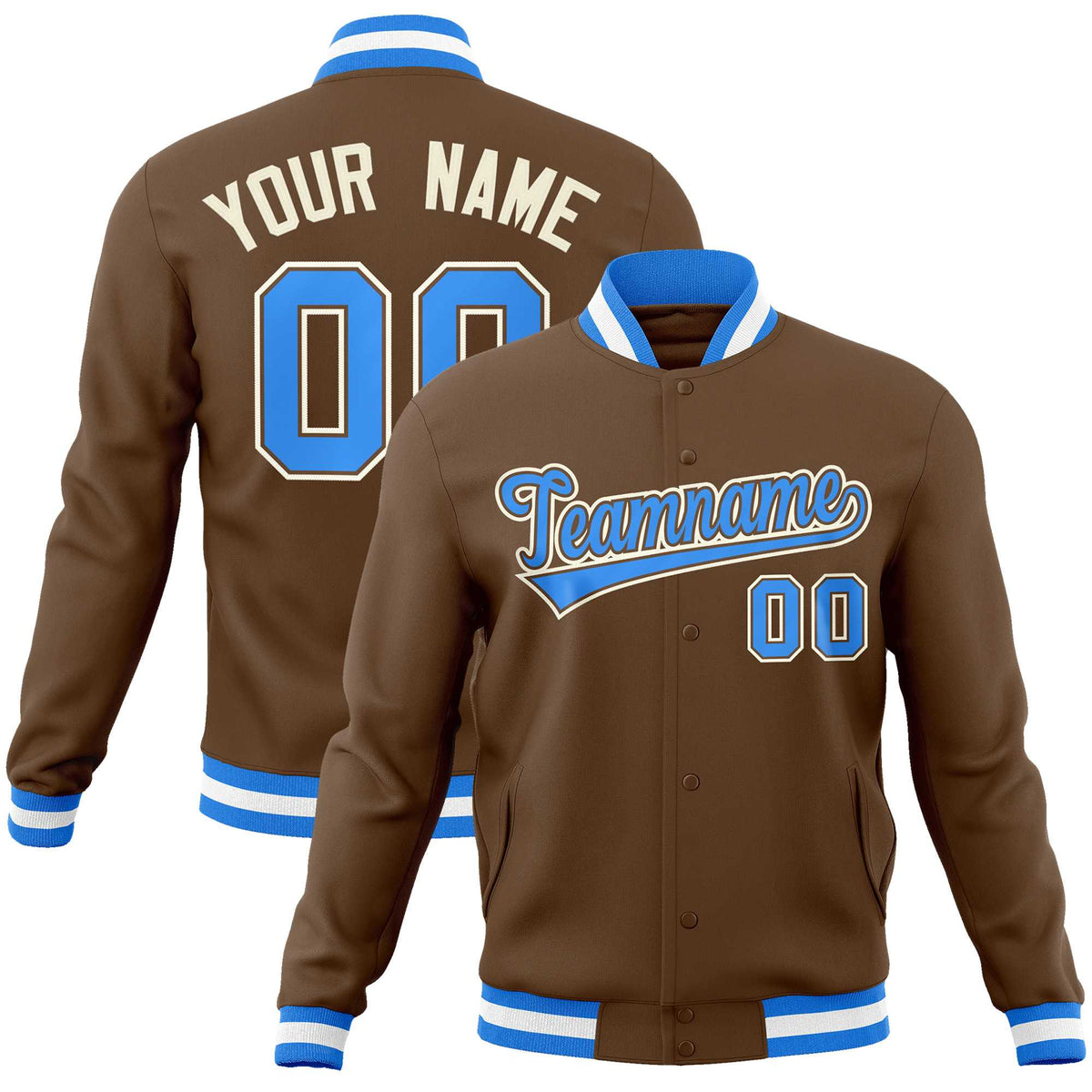 Custom Light Brown Powder Blue-Khaki Classic Style Varsity Full-Snap Letterman Jacket | KXKSHOP
