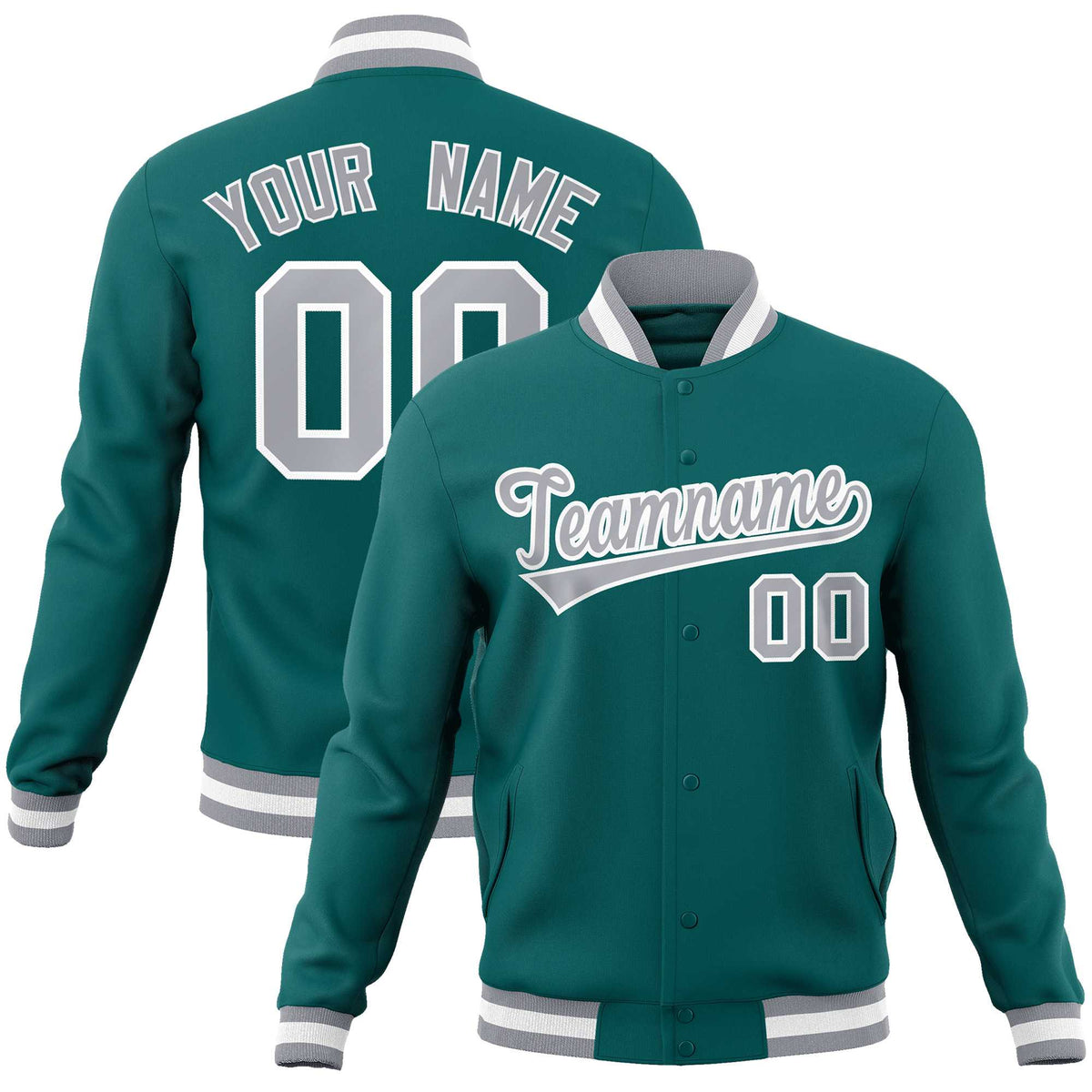 Custom Aqua Gray-White Classic Style Varsity Full-Snap Letterman Jacket | KXKSHOP