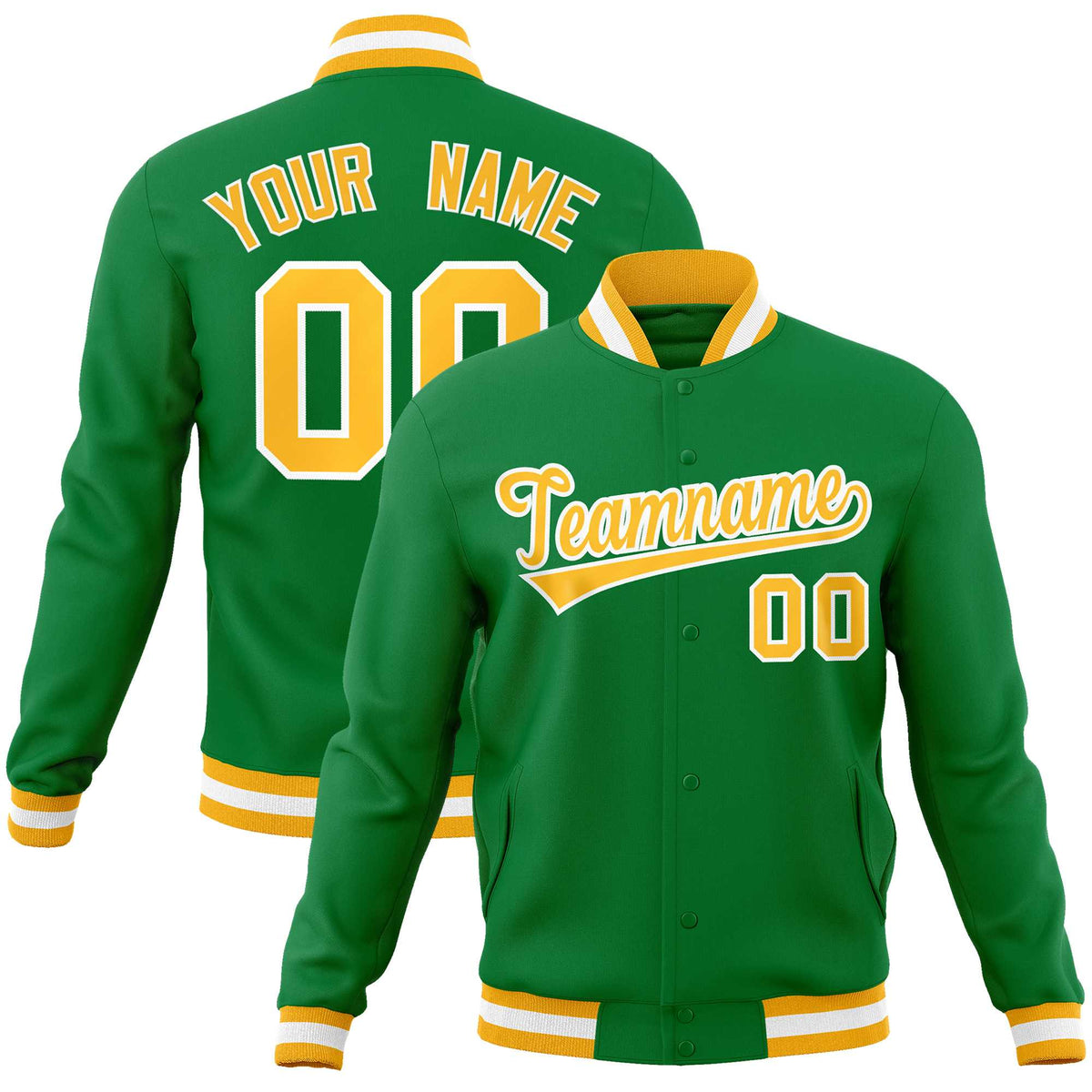 Custom Kelly Green Gold-White Classic Style Varsity Full-Snap Letterman Jacket | KXKSHOP