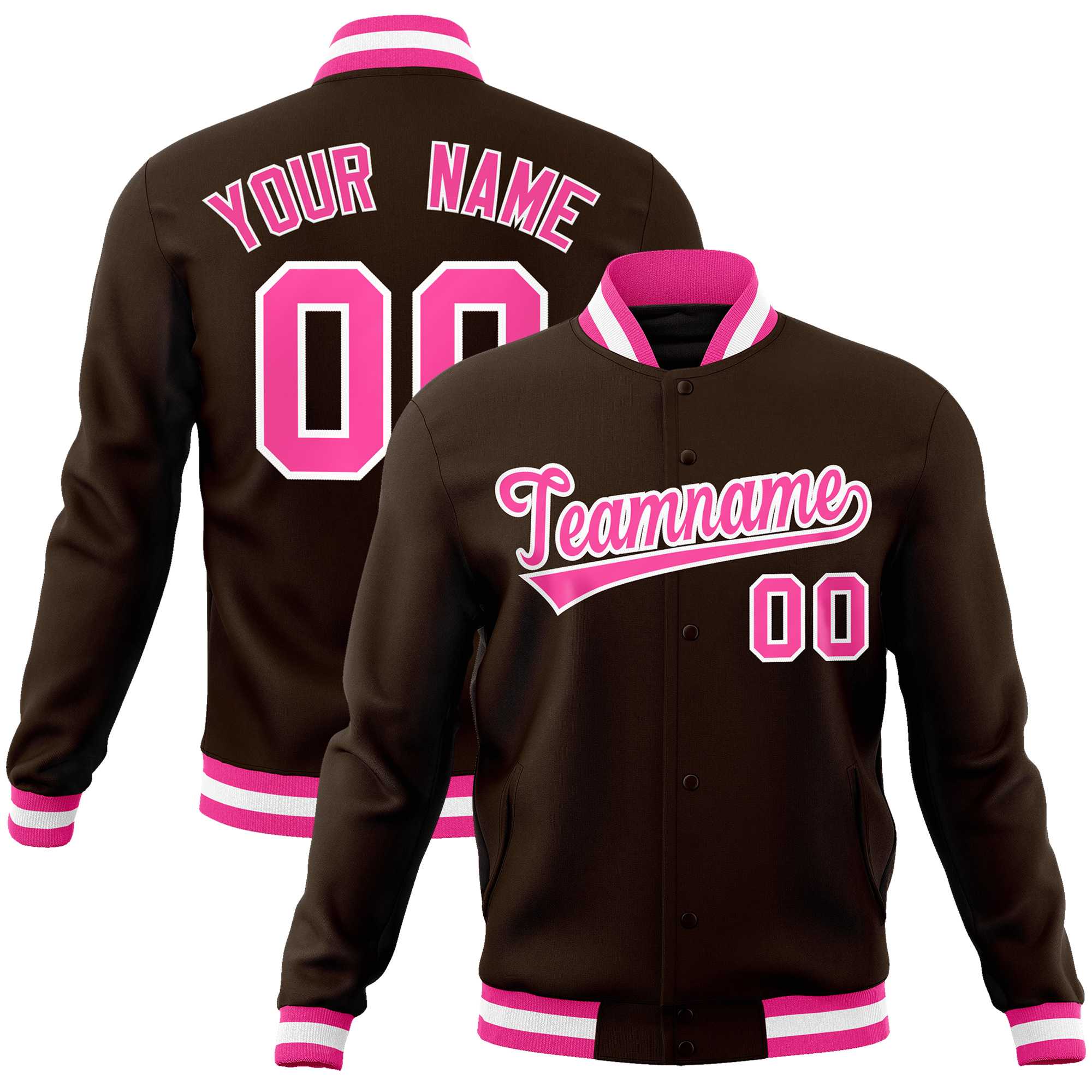 Custom Brown Pink-White Classic Style Varsity Full-Snap Letterman Jacket | KXKSHOP