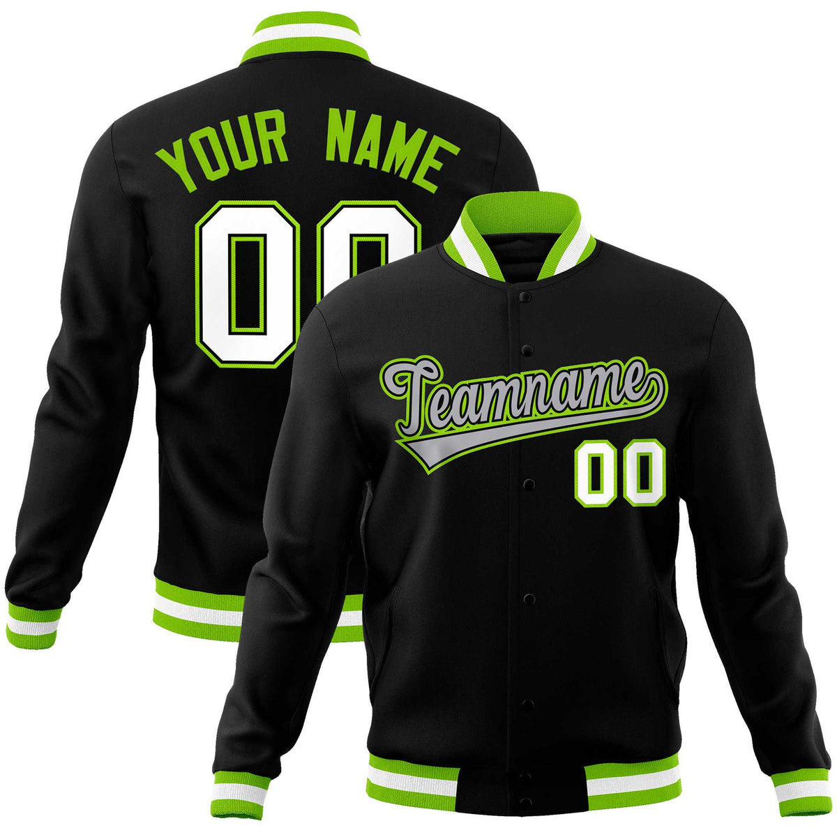 Custom Black Gray-Neon Green Classic Style Varsity Full-Snap Letterman Jacket | KXKSHOP