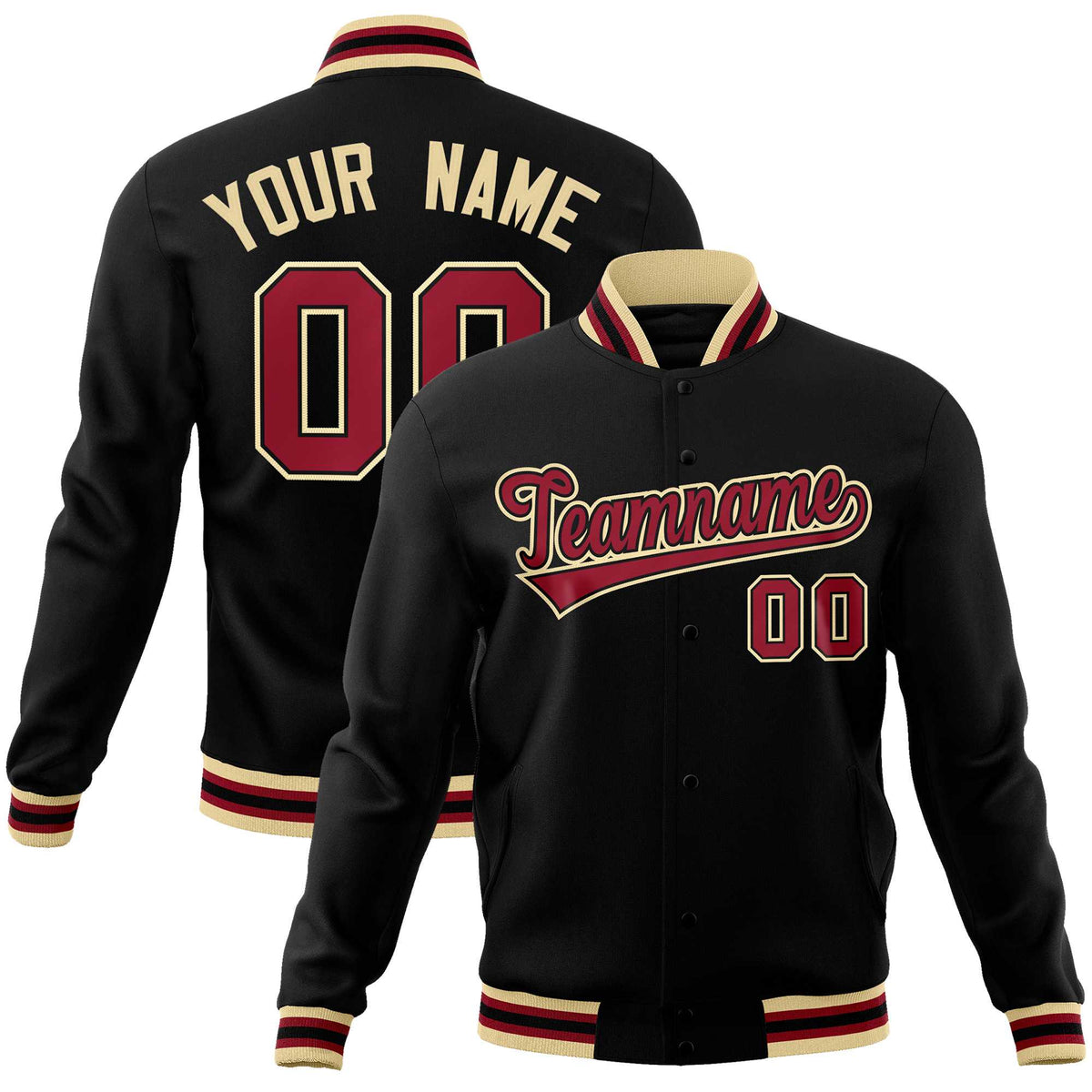 Custom Black Crimson-Khaki Classic Style Varsity Full-Snap Letterman Jacket | KXKSHOP
