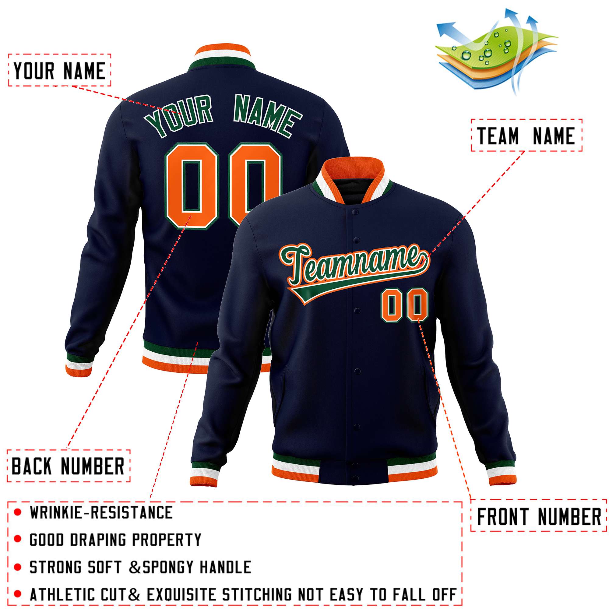 Veste universitaire Letterman personnalisée bleu marine, vert et orange, style classique, avec boutons-pression