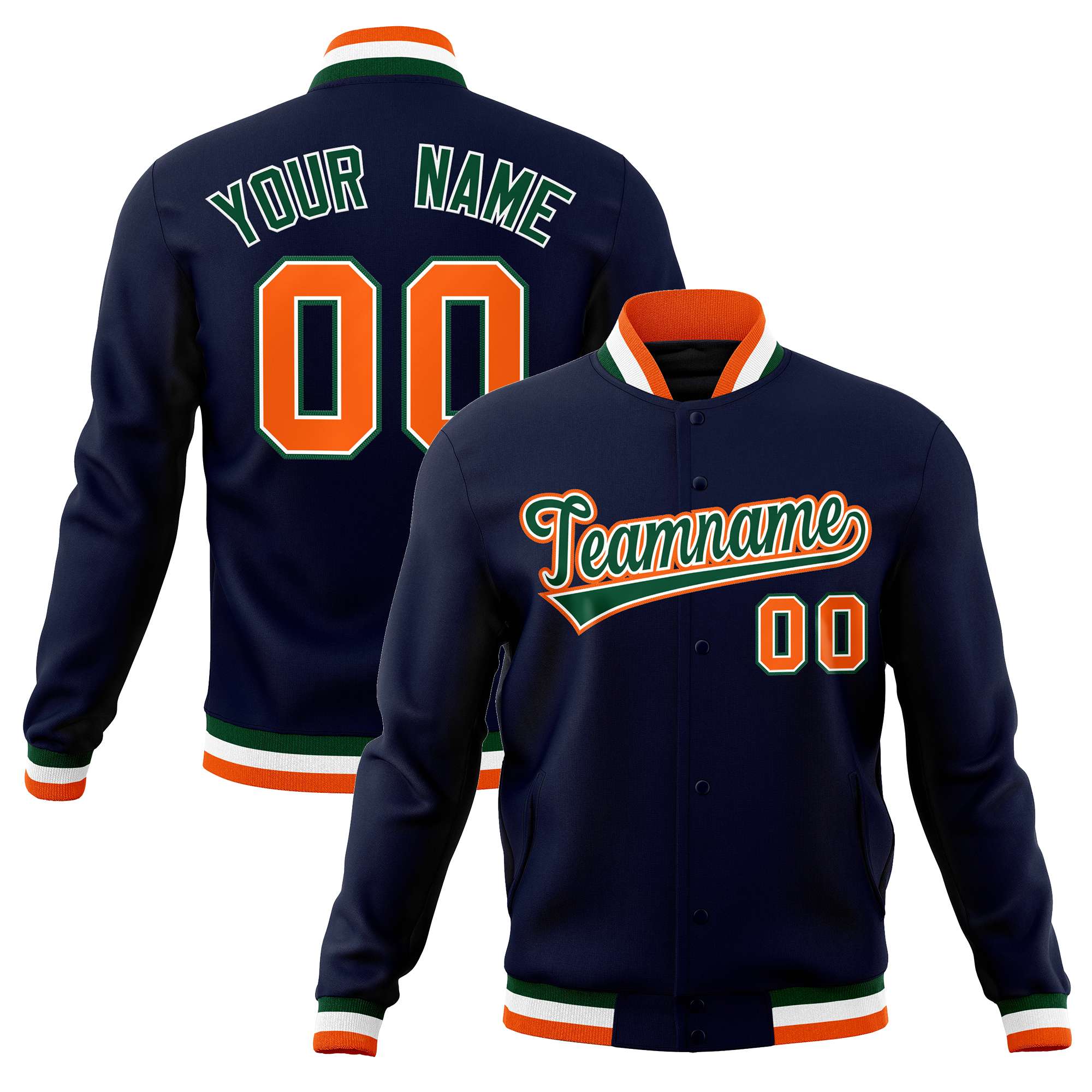 Custom Navy Green-Orange Classic Style Varsity Full-Snap Letterman Jacket | KXKSHOP