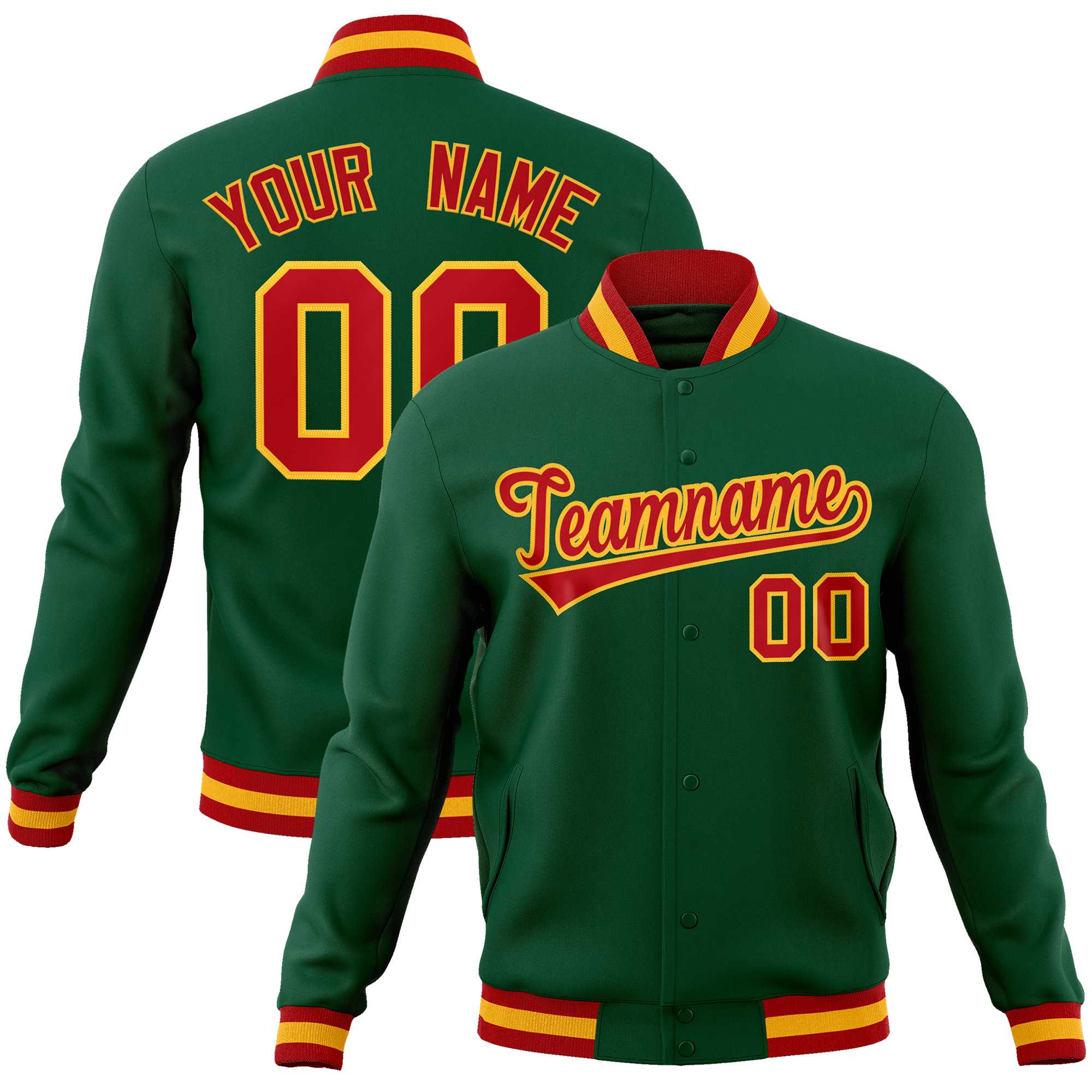 Custom Green Red-Gold Classic Style Varsity Full-Snap Letterman Jacket | KXKSHOP